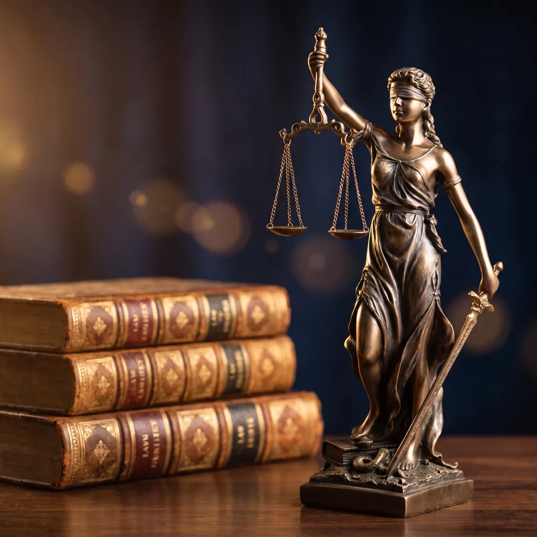 Balanza de la justicia junto a libros de derecho